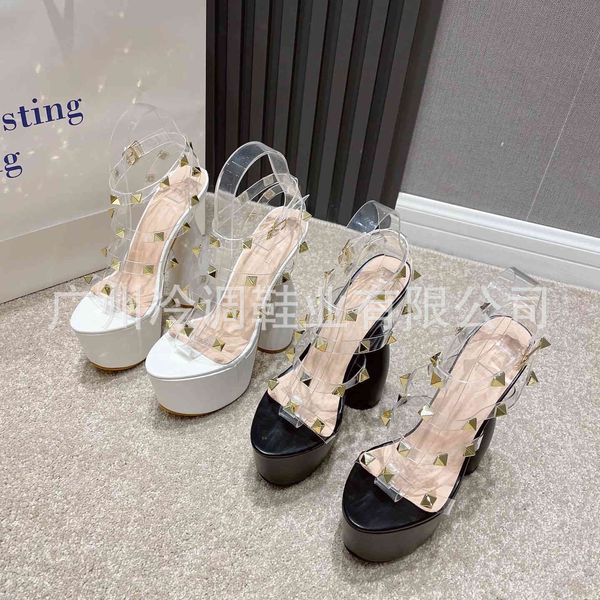 

in summer women's transparent sandals with special-shaped high and heels on thick soles of the front, Black