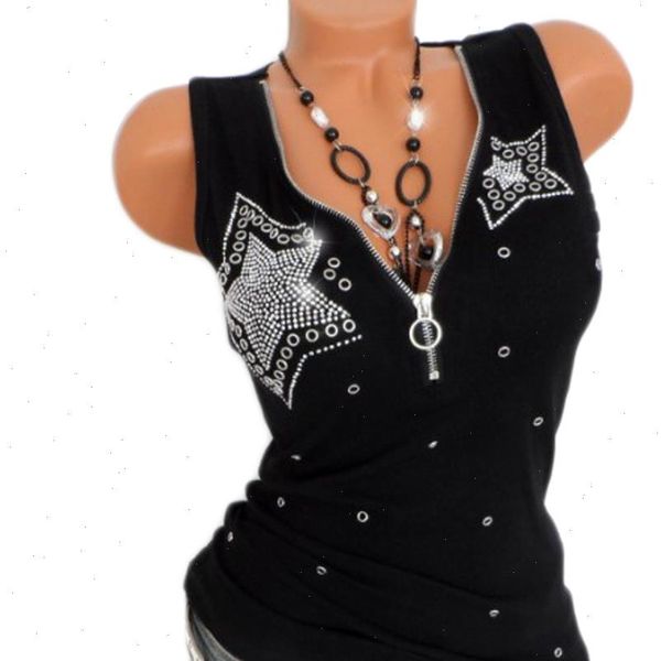 

slim womens summer rhinestones star pattern tank female ladies solid black plus size sleeveless v neck vest t shirts, White