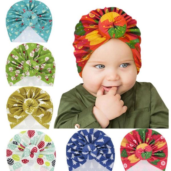 Nova Chegada Infantil Bebés Meninas Natal Boneco De Neve Imprimir Caps Headwear Crianças Crianças Crianças Chapéu Turbante Donuts Acessórios De Cabelo