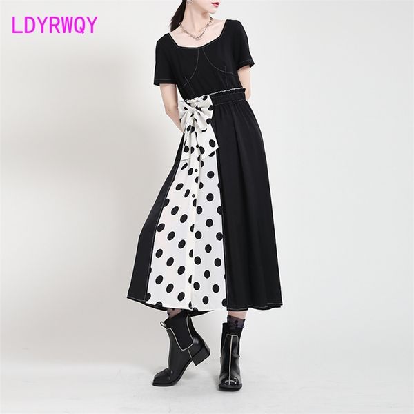 

ldyrwqy french black and white polka dot slim bow short sleeve fashion temperament dress o-neck 210603, Black;gray