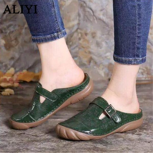 

sandals women casual 2021 summer vintage hollow out closed toe daily slip on ladies shoes 35-43 larged-size female flat slides, Black