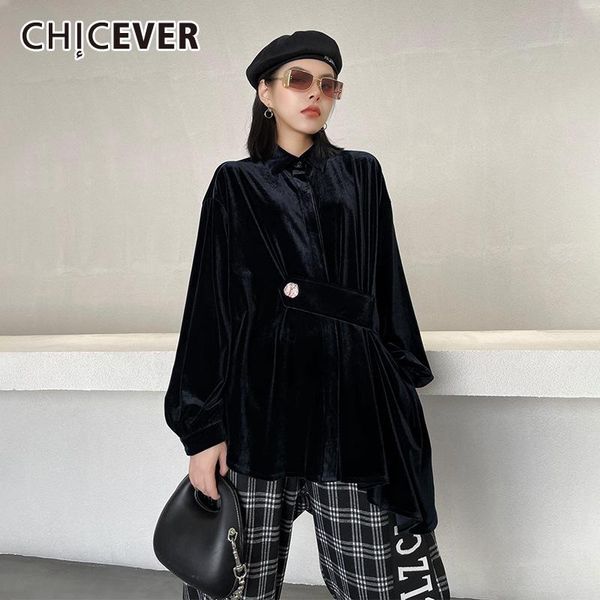 

women's blouses & shirts chicever velour for women lapel long sleeve patchwork lace up loose oversized vintage female 2021 autumn cloth, White