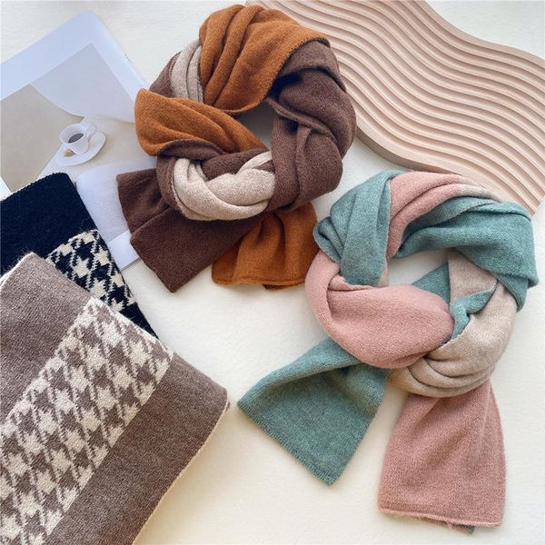 

scarves women artificial wool knitting winter thicken warm soft shawls double-sided houndstooth color matching vintage wraps, Blue;gray