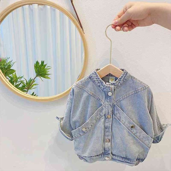 

spring childrens solid long sleeve pockets denim jeans jackets girls outerwear casual coats casaco, Blue;gray