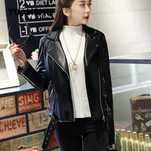 

women's leather & faux yuanshu women black slim cool lady biker pu jackets autumn spring sweet female zipper outwear coat