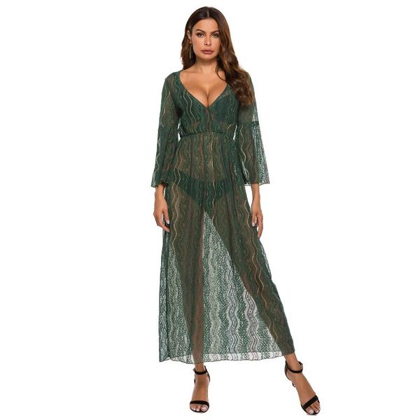 

donsignet dress spring/summer new women plus size v-neck lace pajama dress maternity three quarter flare sleeve, Black;gray
