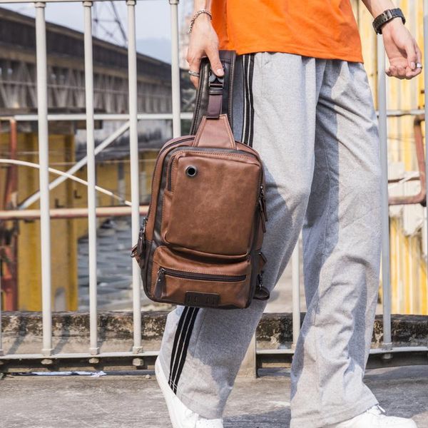 

backpack fashion pockets men travel bag male men's pu leather chest