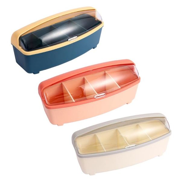 

storage bottles & jars h051 blue/pink/white clear condiment box with separate spoons and 4 pcs compartment for spice salt sugar cruet