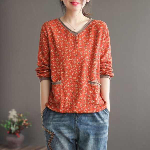 

vintage t shirt women long sleeve shirt cotton linen v neck loose tee shirt woman autumn clothes basic tshirt ladies casual, White