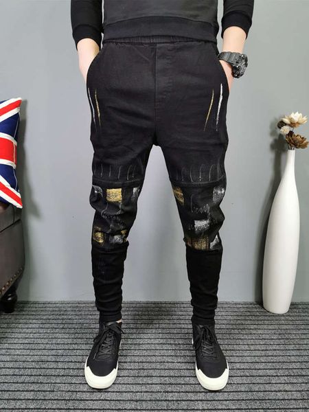 

net red matching pants men's spring elastic legged harlem pants ins trendy brand legged pants spirit boy jeans, Blue