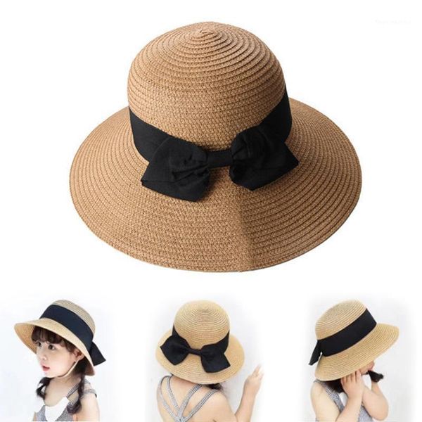 

caps & hats girls summer cap black bows ribbon decorate wavy straw hat for children panama kids sun baby beach1, Yellow