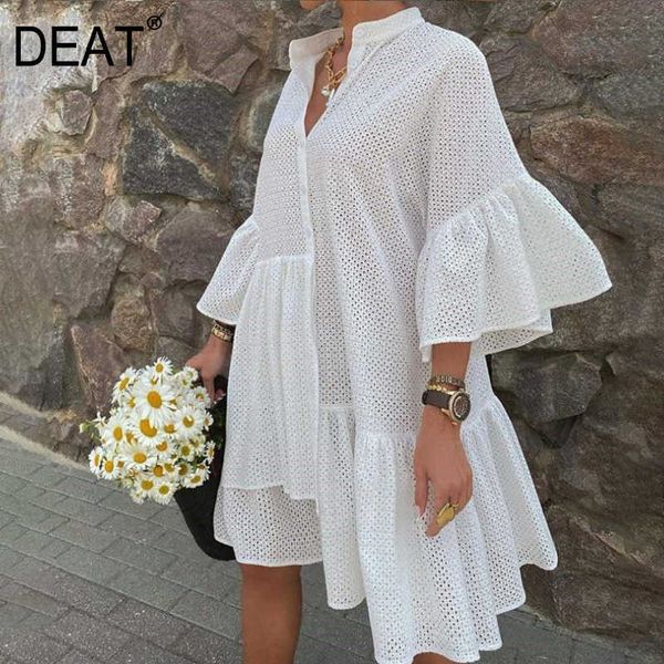 

[deat] summer fashion v-neck high waist flare sleeve nine points solid color loose simple dress women 13c51 210527, Black;gray