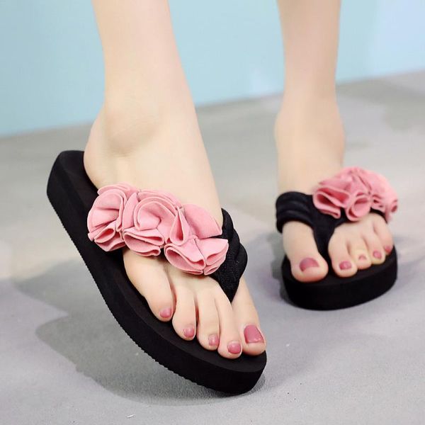 

slippers women fashion women's flower clip toe flip flops non-slip wedges beach shoes woman zapatos de mujer, Black