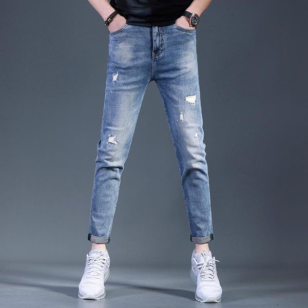 

men ripped blue jeans 2021 summer fashion casual ankle-length pants