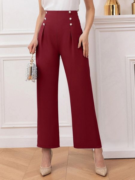 

high waist pearl button detail pants j0i7#, Black;white