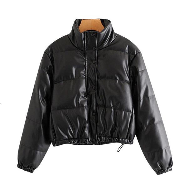 

2021 new winter thick warm short parkas fashion black pu leather coats women elegant zipper cotton jackets female outwear o6ko
