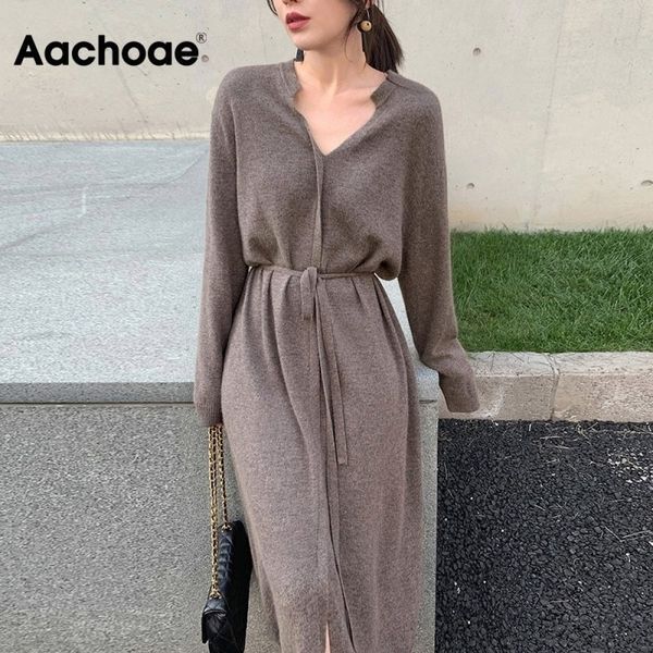 

aachoae women elegant solid midi dress with belt v neck korean chic dresses long sleeve casual knitted sweater dress robe 210224, Black;gray