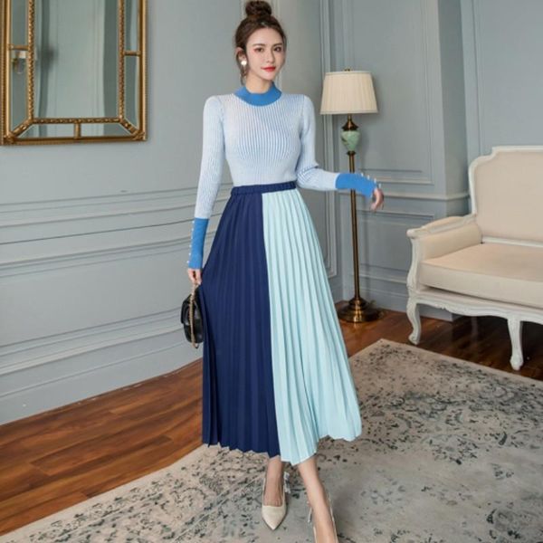 

two piece dress autumn spring women elegant sweater pullover + pleated skirt 2 set hit color knitted midi slim suit, White