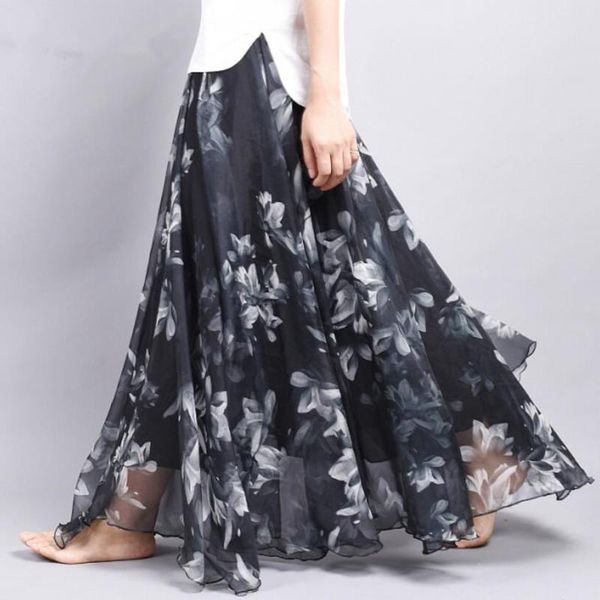 

skirts spring summer women fashion elegant printed chiffon skirt large size elastic high waist long female s622, Black