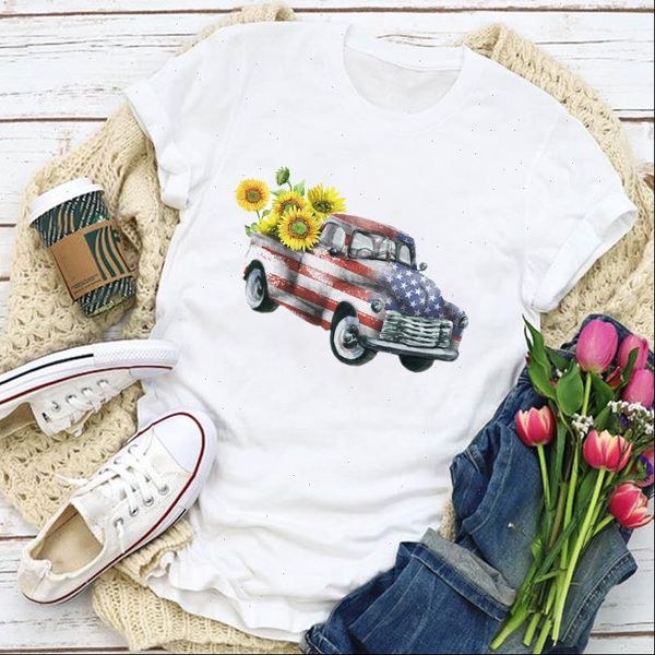 

women graphic usa flag american patriotic sunflower truck summer t shirt lady womens clothing clothes tee female t shirt, White