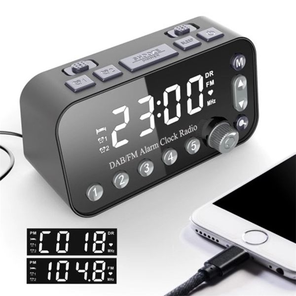 Цифровой будильник DAB FM Radio, двойной USB Зарядка Порт ЖК-дисплей Дисплей Регулируется регулируемый том 210804