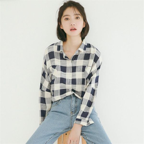 

women's blouses & shirts 2021 autumn and winter retro lapel brushed plaid shirt loose wild cotton linen long sleeved female trend c006, White