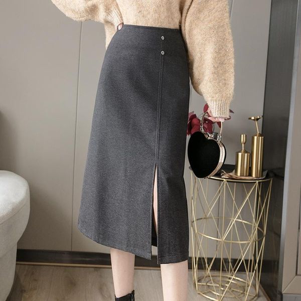 

2021 korean version of solid color high waist woolen skirt winter slim single-breasted split mid-length skirt office, Black