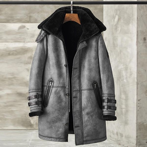 

men's leather & faux shearling jacket mens b7 bomber long style winter coats fur metallic gray, Black