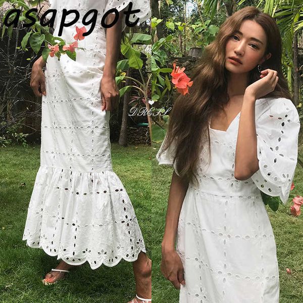 Temperamento Retro Slim Heavy Industry Crochet Collo quadrato Scava fuori Split Abito a sirena Donna Manica corta bianca Chic Tromba 210610