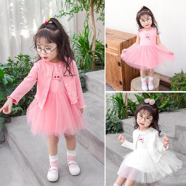 

clothing sets fashion children dress costomes long sleeve cardigan jacket mesh two-piece suit vestidos design casual dresses for girls, White