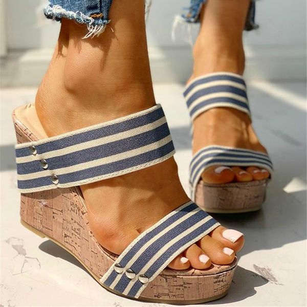 

summer 2021 women striped sandals platform wedges high heel peep toe slip on casual fashion beach ladies shoes, Black