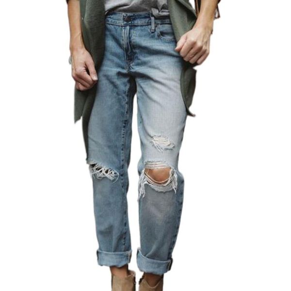 

women's jeans women tissu denim imprimer skinny pencil causal loose hole ladies pants ripped pantalones de mujer elegantes, Blue