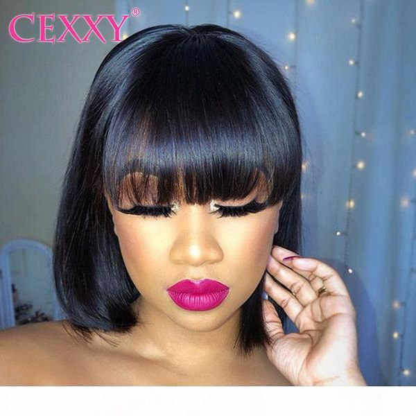 

cexxy straight bob human hair wigs with bang brazilian remy human hair bob wig with bangs pixie cut wigs 150% density, Black;brown