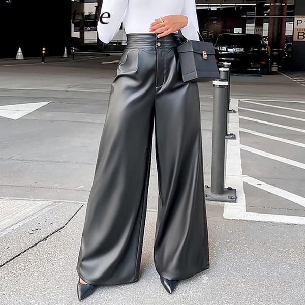 

tinastyle high waist wide leg leather pants women black autumn winter pu trousers women vintage leisure pants pantalon femme, Black;white