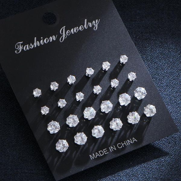 

stud 12pcs/set fashion cubic zirconia earrings set for women charms round crystal silver color statement earring jewelry, Golden;silver
