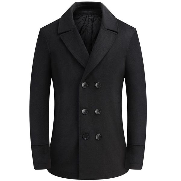 

men's wool & blends men winter coat british style double breasted trench brand solid color woolen pea male overcoat, Black