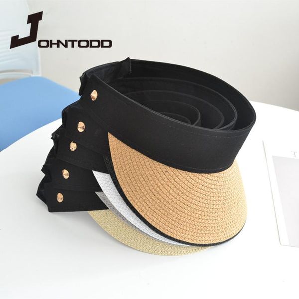 

wide brim hats 2021 summer women magic tape panama straw hat ladies empty sun protection outdoors sports fishing holiday beach chapeau, Blue;gray