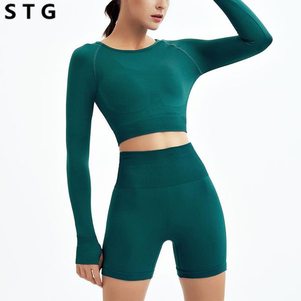 

yoga outfit 2 pcs women's long sleeve gym running tights sportswear tracksuit sports shorts suit for fitness clothing seamless set