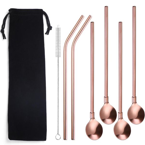 

6pcs gold tableware set 304 stainless steel lunch cutlery set portable outdoor travel coffee spoon straw dinnerware dinner