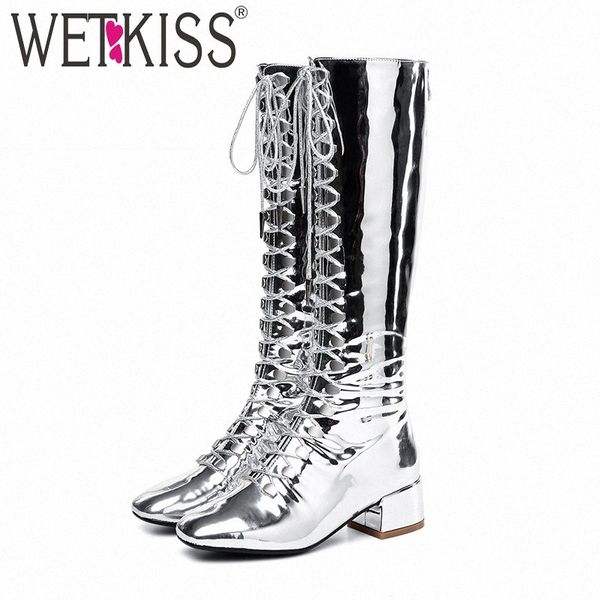 

wetkiss winter thick med heels chunky women boot square toe cross tied footwear patent leather female boot knee shoes woman 2020 x2h6#, Black