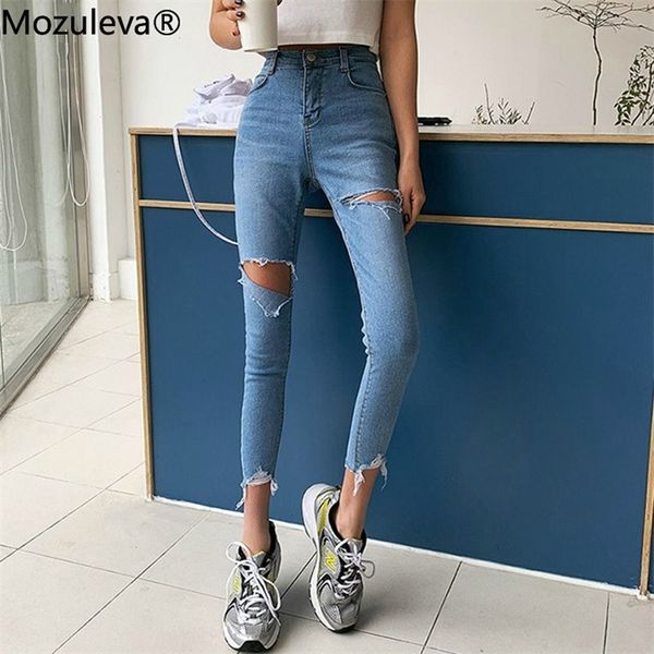 

mozuleva 2021 new autumn skinny ripped holes women denim jeans tassel high waist stretch irregular jeans female chic bottoms, Blue