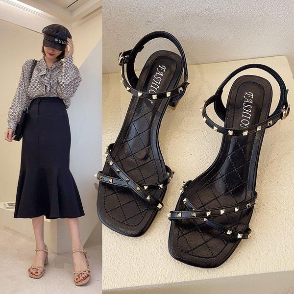 

sandals women summer fashion women's 2021 all-match comfortable solid color ankle strap casual high heel shoes, Black