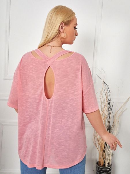 

plus drop shoulder cross wrap cutout back tee x2en#, Black