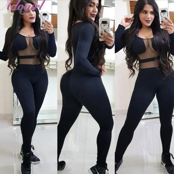 

women's jumpsuits & rompers sheer mesh patchwork see through night party jumpsuit women o neck long sleeve bandage skinny outfit club, Black;white