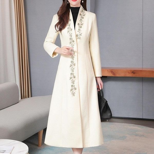 

women's wool & blends fall winter womens coats 2021 female embroidery beige red lace patchwork long coat overcoat for woman woolen 2059, Black