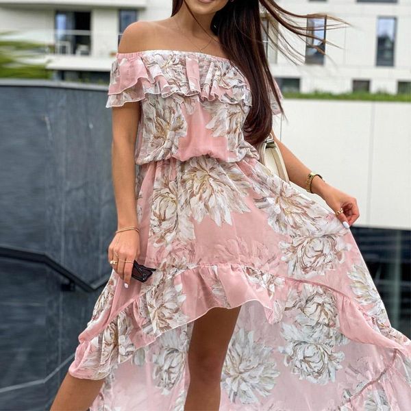 

casual dresses women summer off shoulder ruffle irregular dress elegant floral print party slash neck elasic waist slim beach, Black;gray