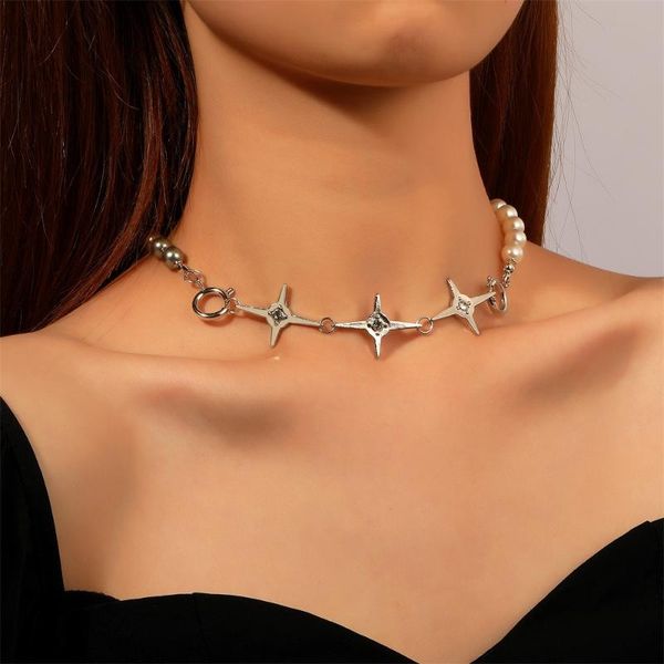 

chokers rhinestone star necklace for women imitation pearls alloy beaded choker short necklaces female 2021 fashion jewelry, Golden;silver