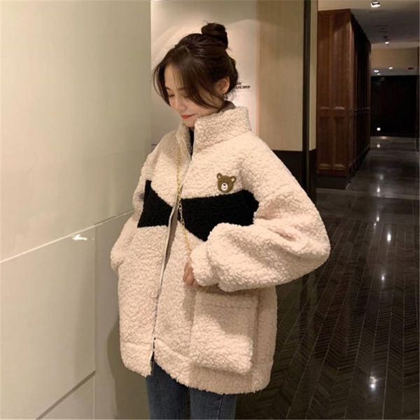

women's jackets 2021 winter faux lamb coat women korean style large size loose cotton jacket stand collar zip up cardigan velvet padded, Black;brown