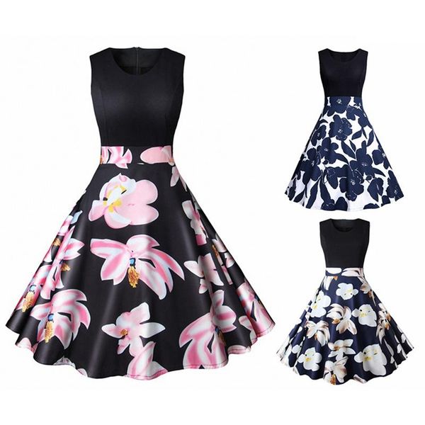 

casual dresses retro cocktail party floral midi dress, Black;gray