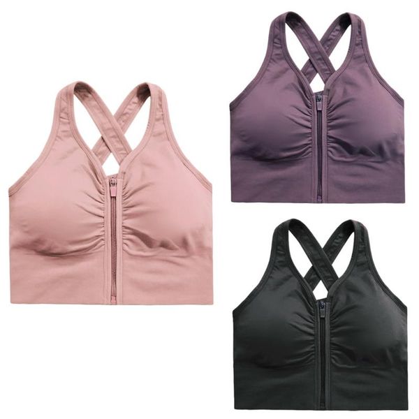 

bras women sports criss-cross back padded bra front zipper high impact tank fitness active running, Red;black